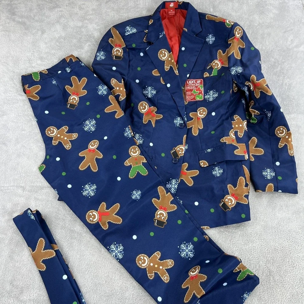 Dec 25th Light Up Gingerbread Christmas 3 Piece Suit M Blue Men Jacket Pants Tie